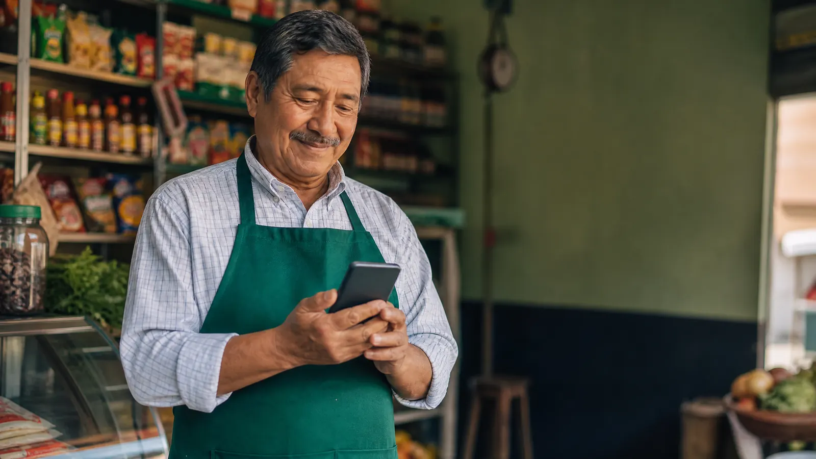 Don Lucho, comerciante peruano usando el chat de YASE en su bodega
